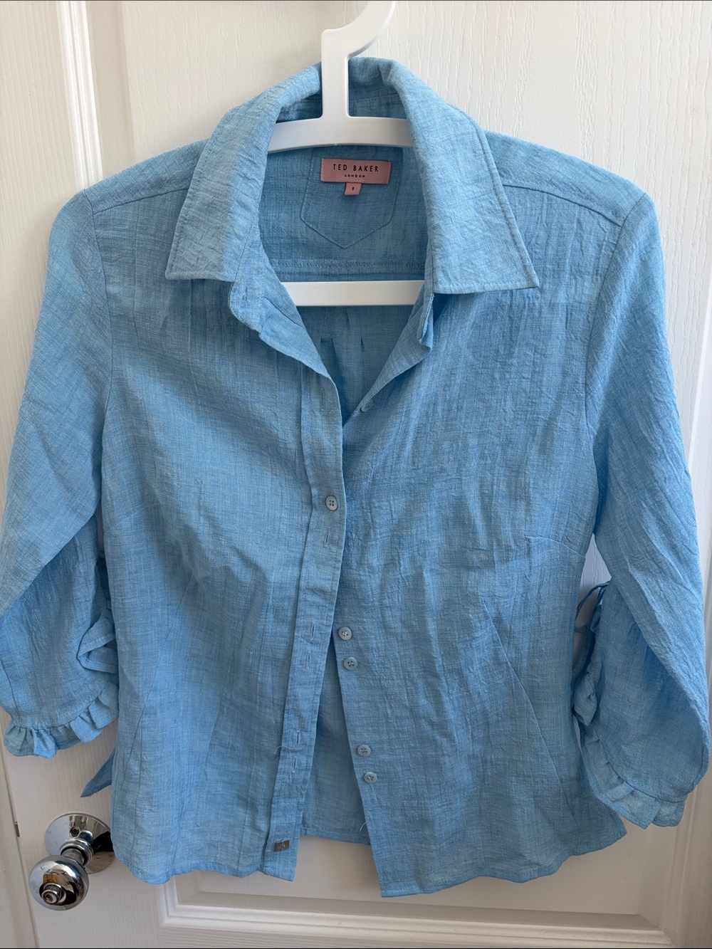 Ted Baker Light Blue Linen Button-Down Shirt with Tie Cuffs